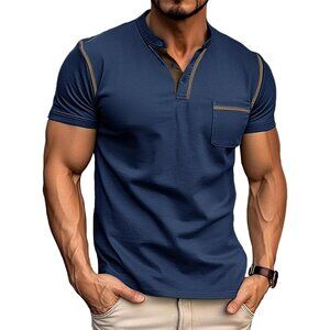 Men Short Sleeve Polo T Shirt  Navey Blue Striped Casual Slim Fit Top
